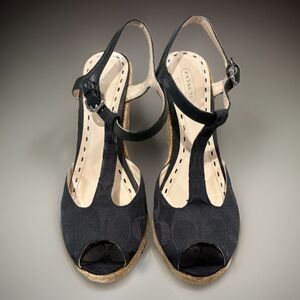 Coach Black Signature Print Open Toe Ankle Strap Espadrille Wedge Sandals Sz 7